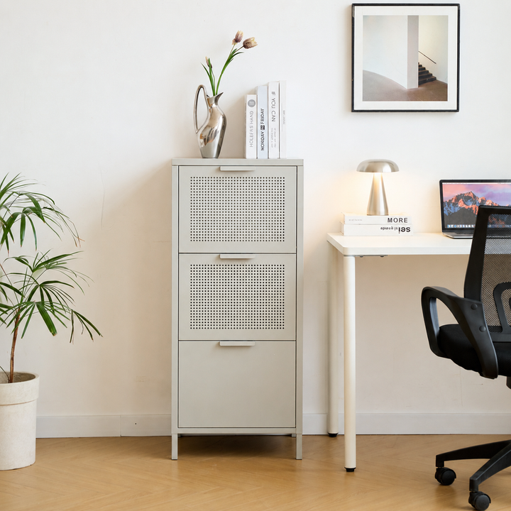 NURMES opbevaringsskab med 3 vippeskuffer – Beige