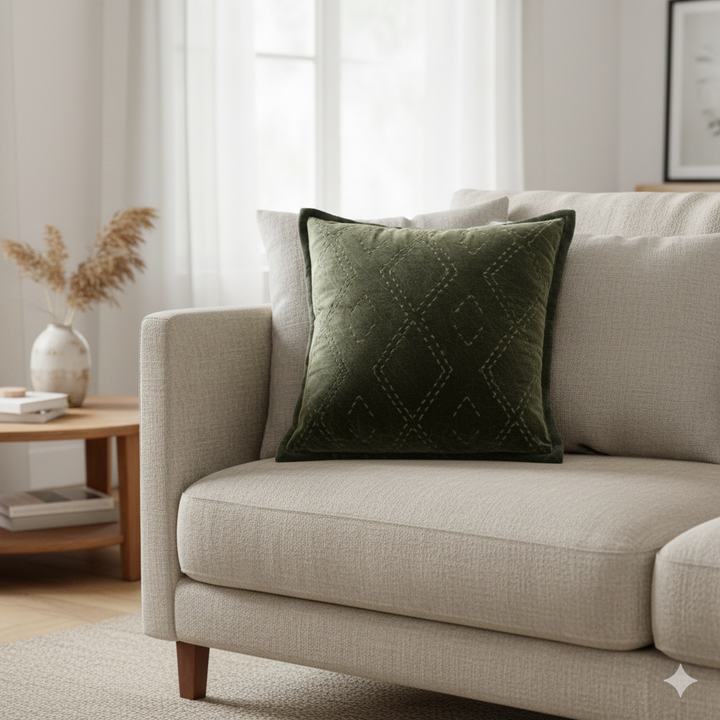 KVALOYA Grøn fløjlsbomuldspude 45 x 45 cm