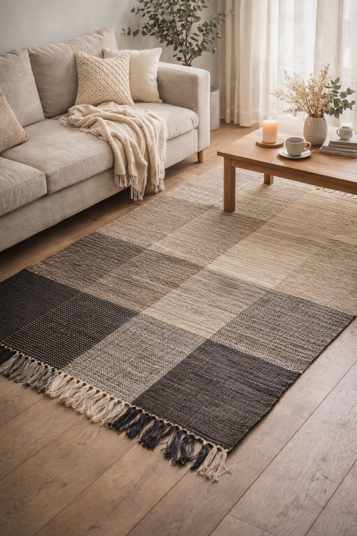 REISA Rektangulært bomuldstæppe med sorte og beige mønstre 180 x 120 cm