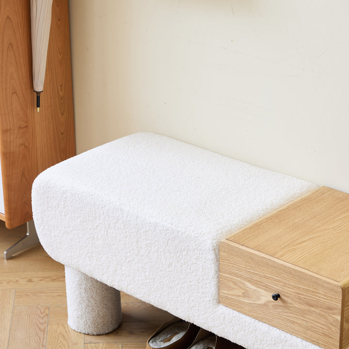 VADSO bænk med skuffe – hvid bouclé og skandinavisk design