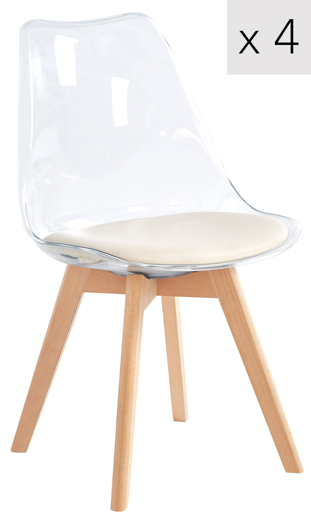 CARMEN Sæt med 4 transparente spisestole med træben og beige sæder