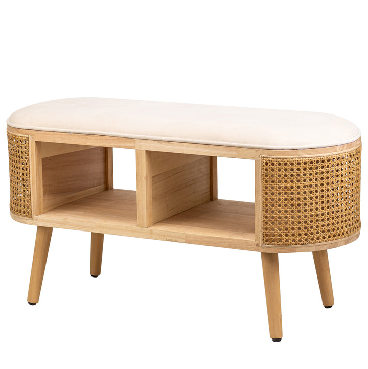 ISUMI Opbevaringsbænk i beige fløjl og rattan