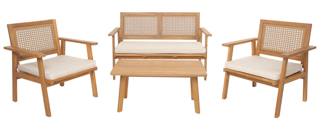 TEMUCO havemøbelsæt – naturlig rattan og beige tekstil
