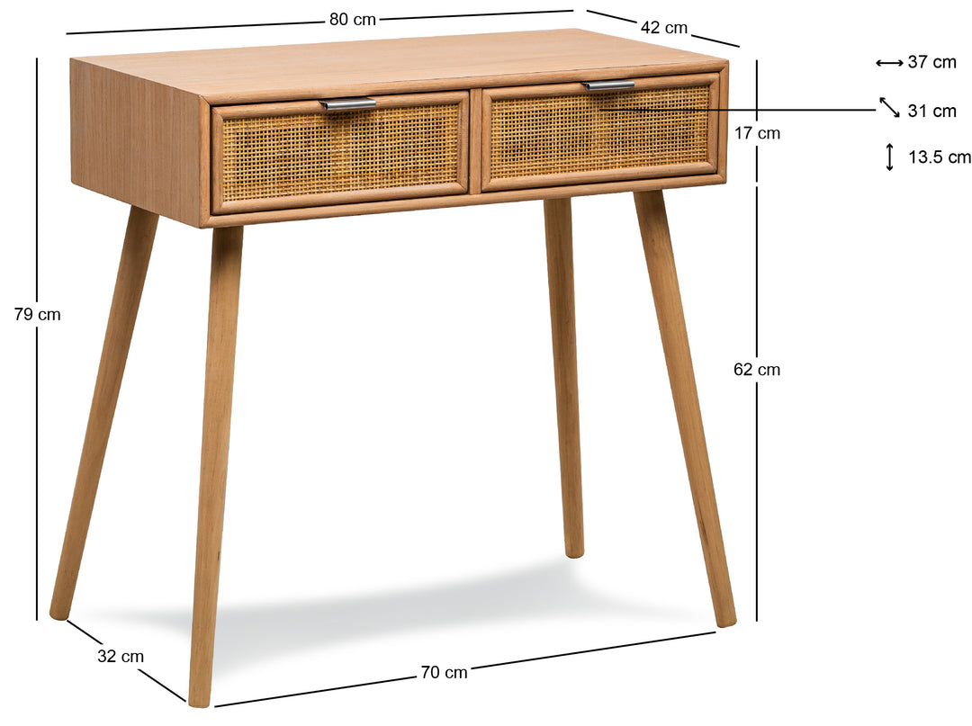 NISHIO konsolbord med 2 skuffer i træ og naturlig rattan