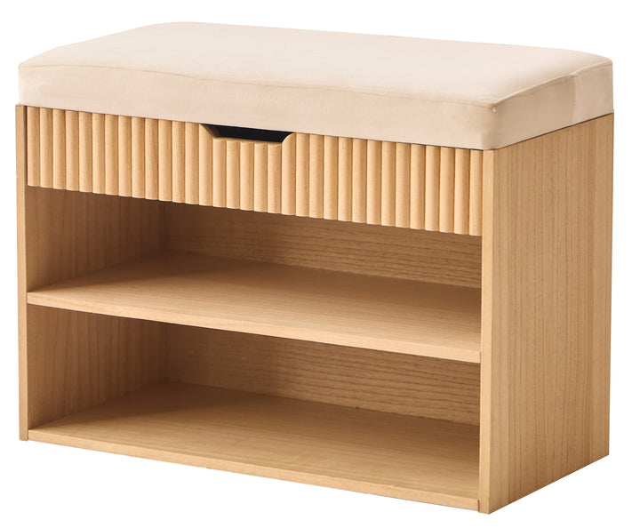 KUBO Skoskab til entré med 2 hylder og 1 kommode i træ og beige stof i naturligt beige træ og fløjl