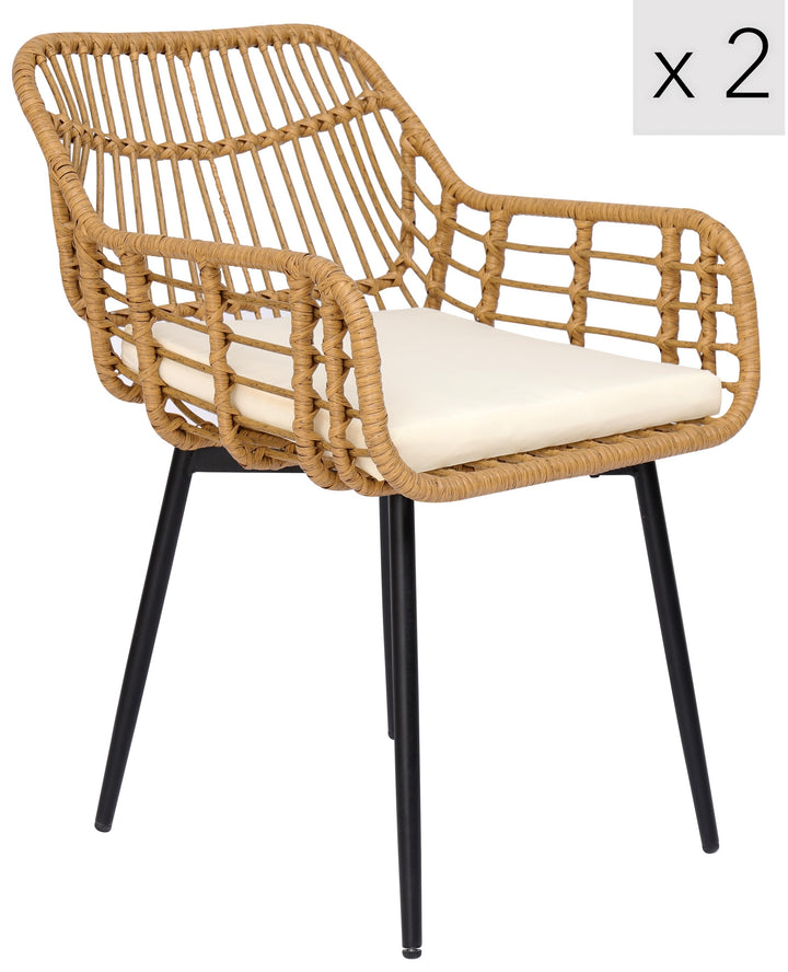 HANOI Sæt med 2 spisebordsstole i metal og rattan