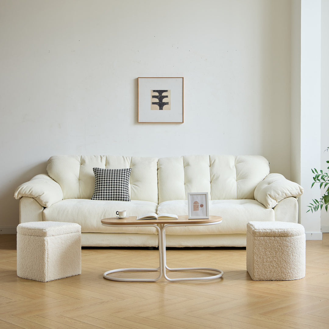 SENJA sofabord i træ med 2 hvide bouclé-skamler