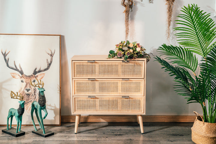 MANILLA Kommode med 3 skuffer i massivt træ og naturlig rattan