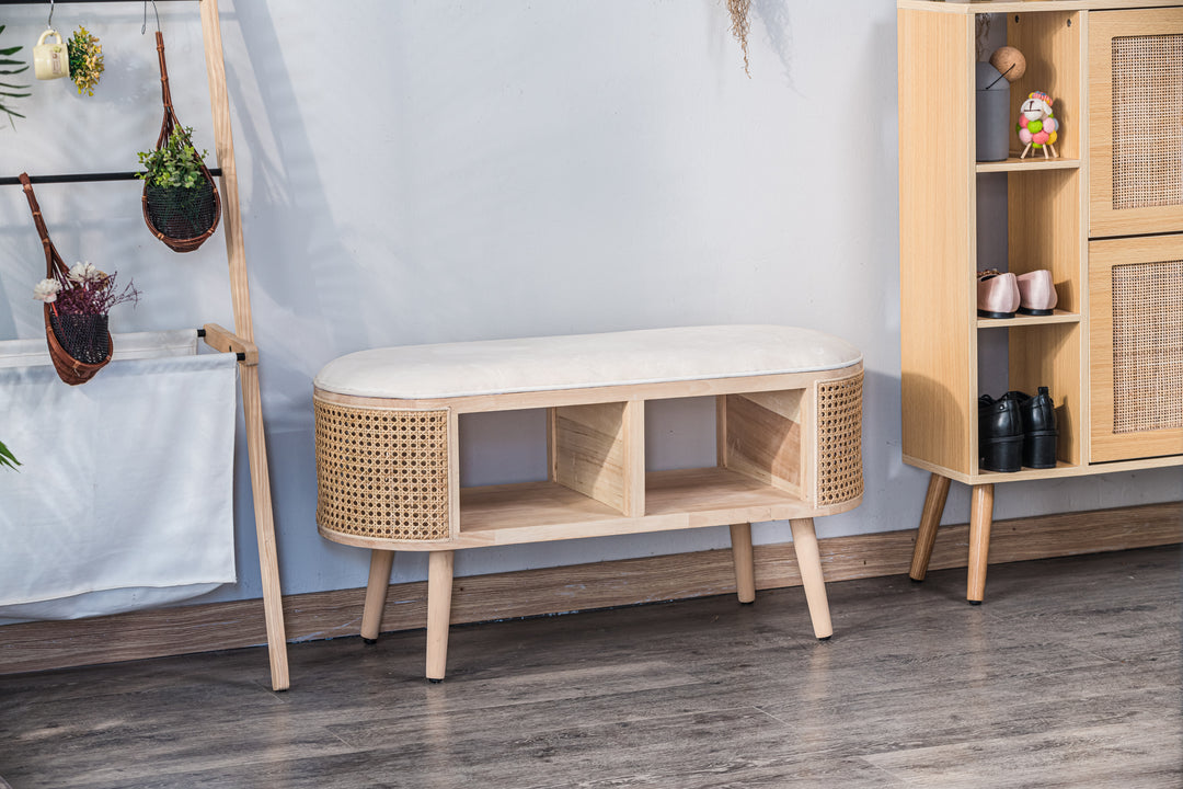 ISUMI Opbevaringsbænk i beige fløjl og rattan