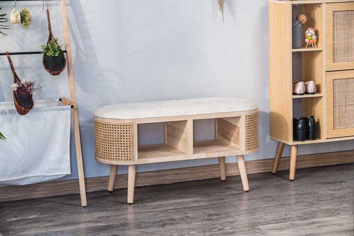 ISUMI Opbevaringsbænk i beige fløjl og rattan