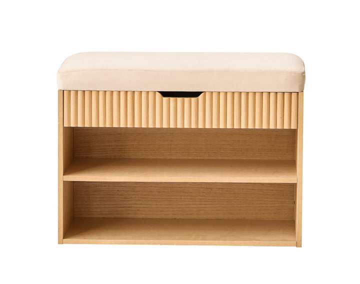 KUBO Skoskab til entré med 2 hylder og 1 kommode i træ og beige stof i naturligt beige træ og fløjl