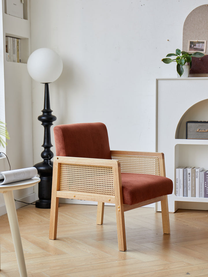 BORGO ood loungestol i rattan og corduroy terrakotta