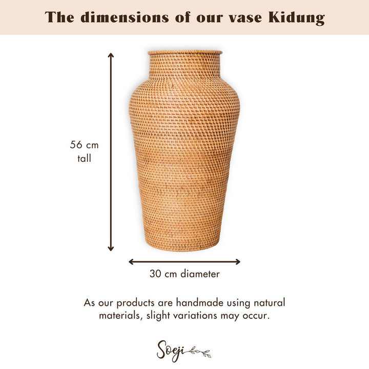 Vævet Rattan Vase Rund – Stor Boho Dekorativ Vase – Vase Tall & Narrow – Gulvvase Håndlavet af naturlige fibre (Ø 30 cm) KIDUNG