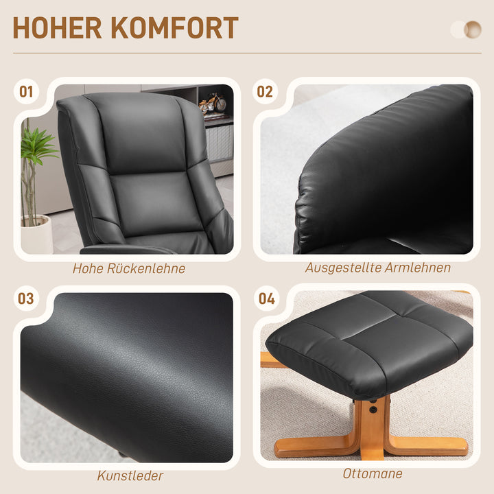 Lænestol med fodskammel, lænefunktion, betræk i kunstlæder, op til 150 kg, 71 x 84 x 102 cm, sort
