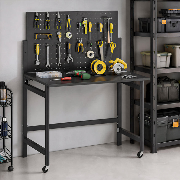 Arbejdsbænk med stiftbræt, foldbar mobil arbejdsbænk med hjul, tyk bordplade, stålramme, kroge, sort