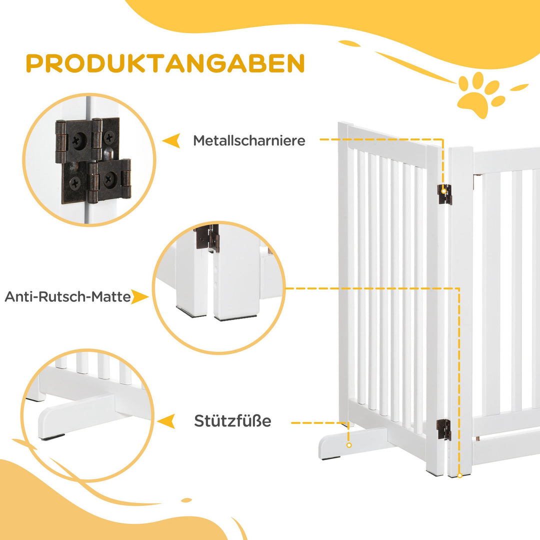 Hundegitter, fritstående, justerbar sikkerhedsgitter med fødder, 155 x 76 cm, træ, foldbar, trappegitter til trapper, døre, køkken, entre, 3 paneler, hvid