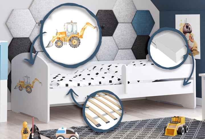 LUK børneseng 140x70 med gelænder - Gravemaskine