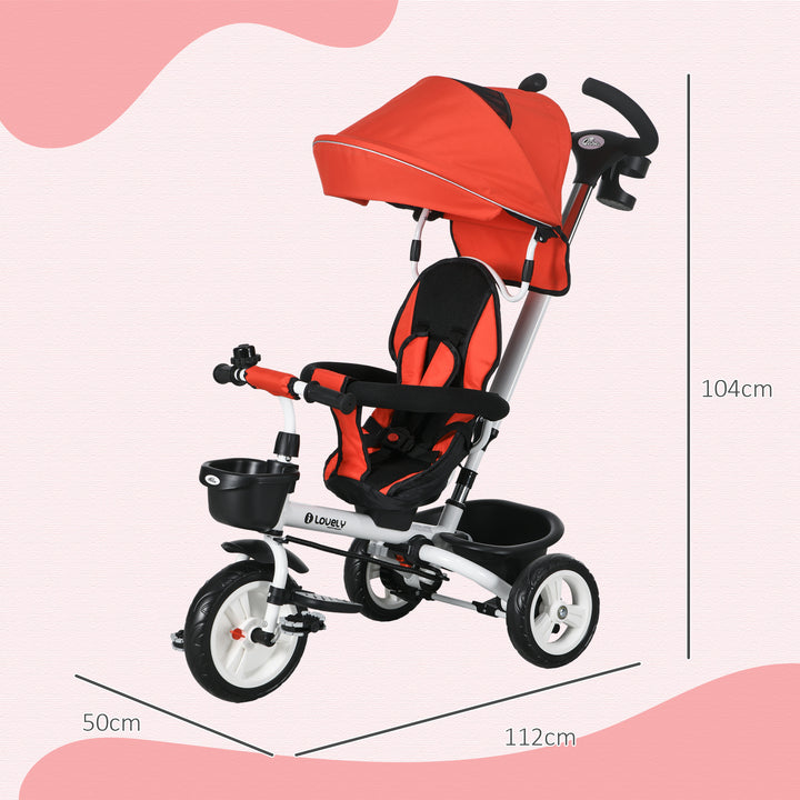 6-I-1 børnetrecykel med skubbehåndtag, kaleche, sele, opbevaringskurv, 18+ måneder, rød