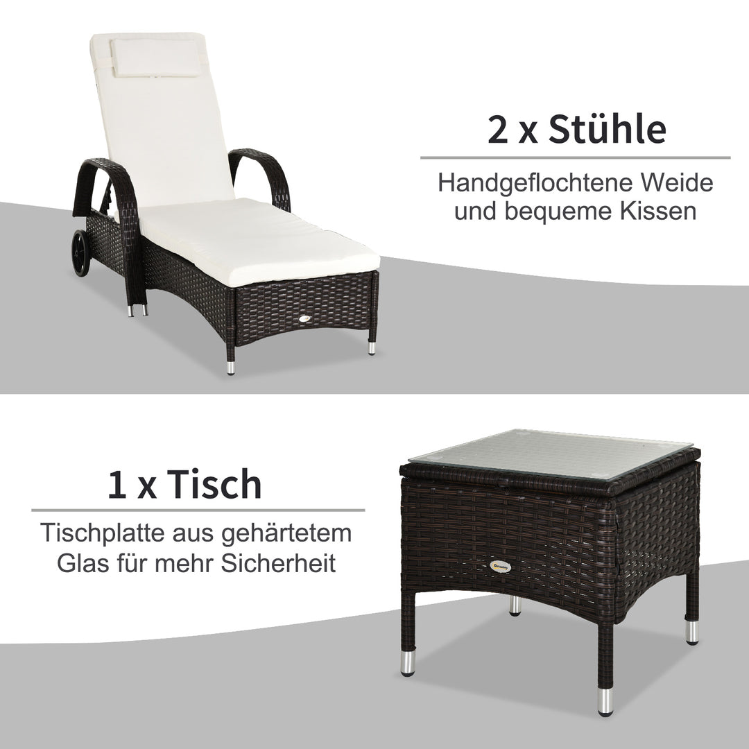 Sæt med 3 liggestole, 2 havestole med sidebord, inklusive hynder, polyrattan, brun og cremehvid