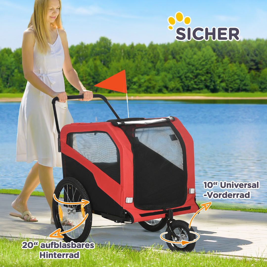 2-I-1 hundetrailer til hunde op til 30 kg, foldbar og opbevarbar, fodstøtte med styr, reflekser, sikkerhedsflag, 170 cm x 77 cm x 90 cm, rød