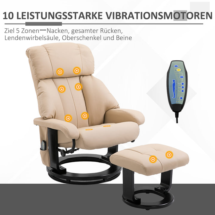 Afslappende lænestol med skammel, drejelig tv-stol med massagefunktion, lænefunktion, massagestol med fjernbetjening, sidelomme, lænestol i kunstlæder til stue cremehvid