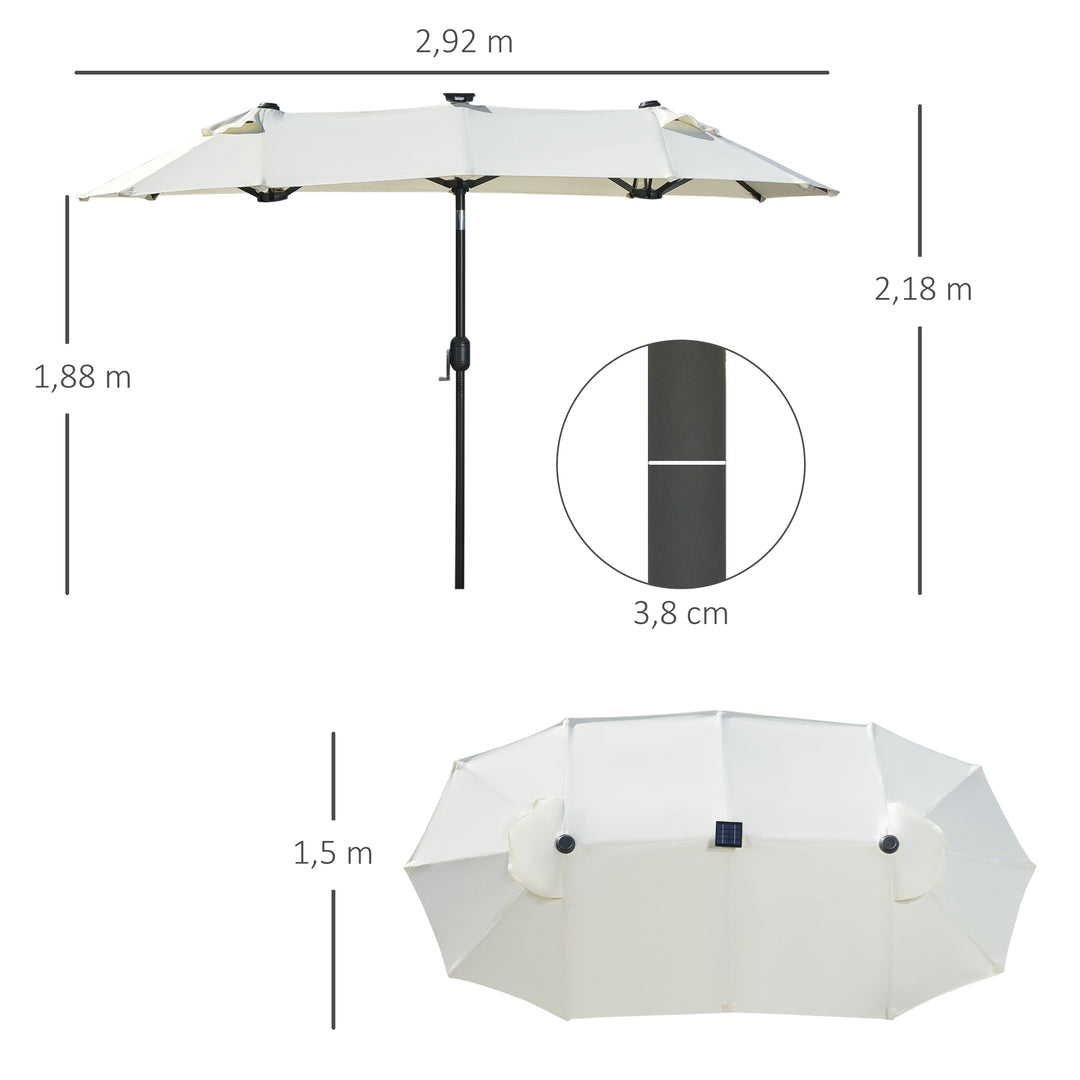 Dobbelt parasol, terrasseparasol, vipbar, med solpanel, 35 LED'er, stålramme, beige, 2,92 x 1,50 x 2,18 m