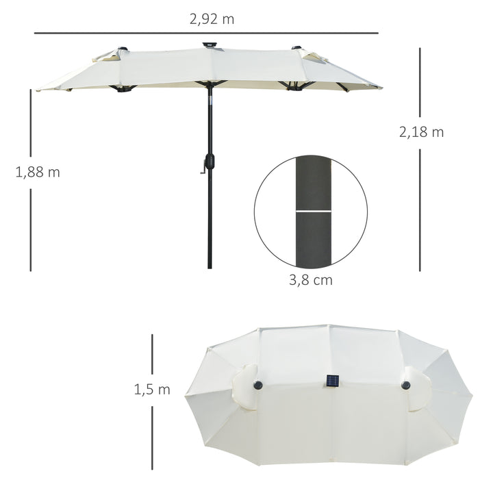 Dobbelt parasol, terrasseparasol, vipbar, med solpanel, 35 LED'er, stålramme, beige, 2,92 x 1,50 x 2,18 m