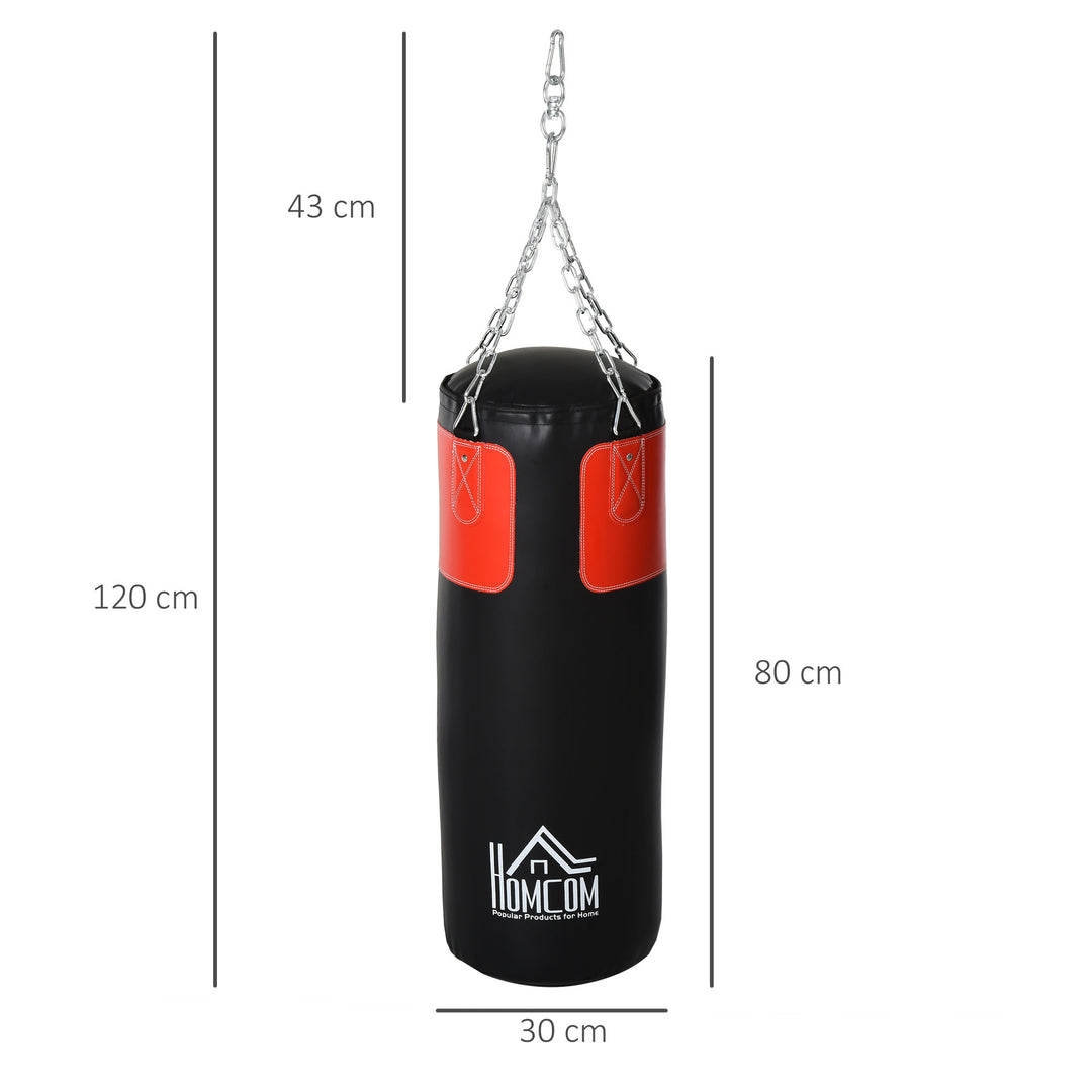 Boksesæksæt med boksehandsker, fyldt sæt til voksne og unge, hængende boksesæk, tung 16 kg, 30 x 120 cm, sort+rød