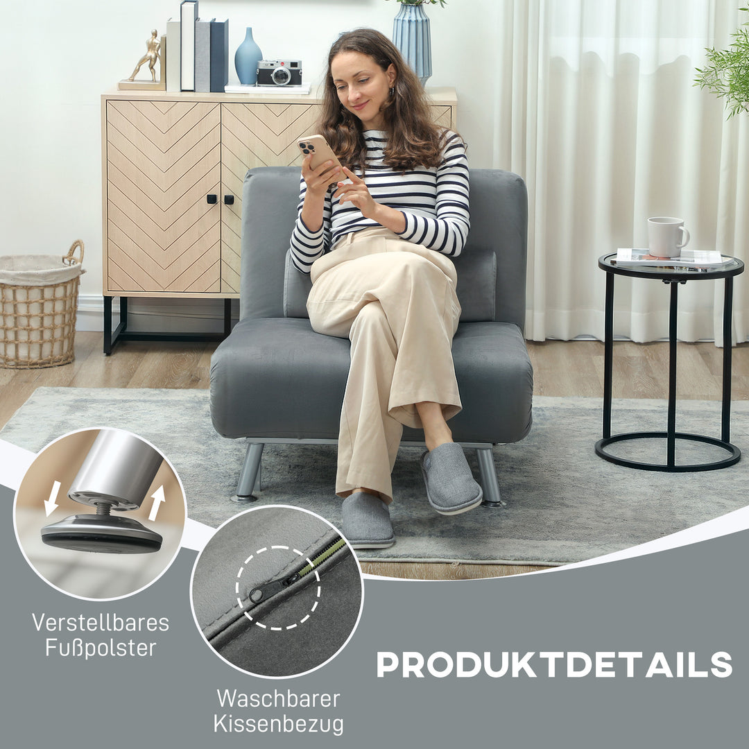 Klapstol med sengefunktion, foldbar afslapningsstol i fløjlslook, justerbar ryglæn, 75 x 70 x 75 cm, grå