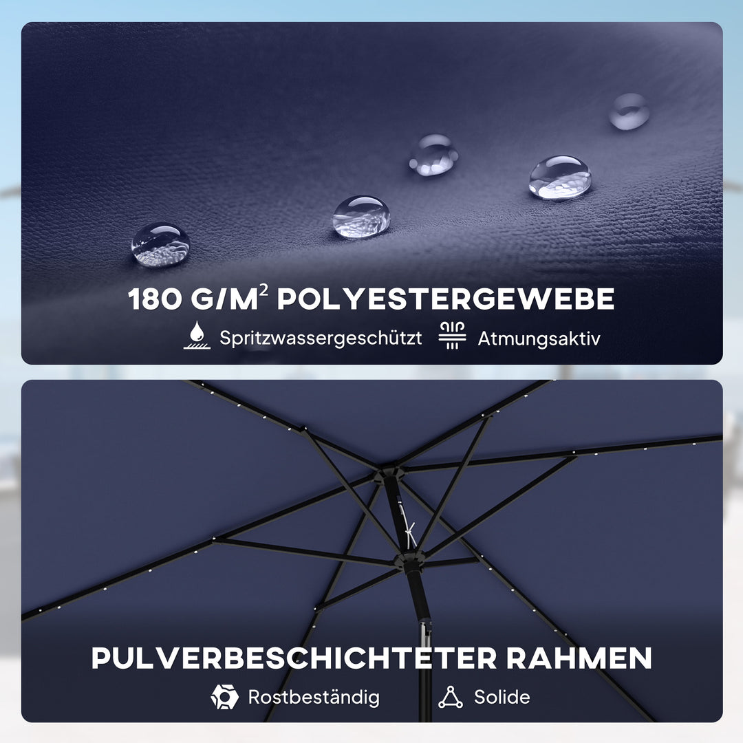 LED solcelleparasol, ca. 300 x 200 cm, vipbar balkonparasol med håndsving, beskyttelsesovertræk, UV-beskyttelse, drejelig, marineblå
