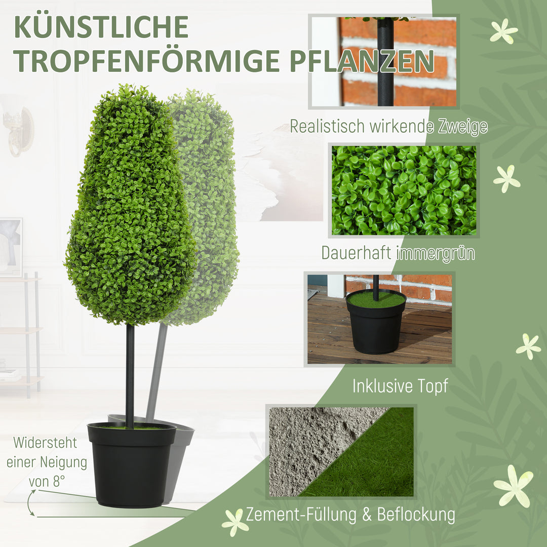 Sæt med 2 kunstige buksbomplanter 90 cm i dråbeform, kunstige plastikplanter i potte, moderne dekoration