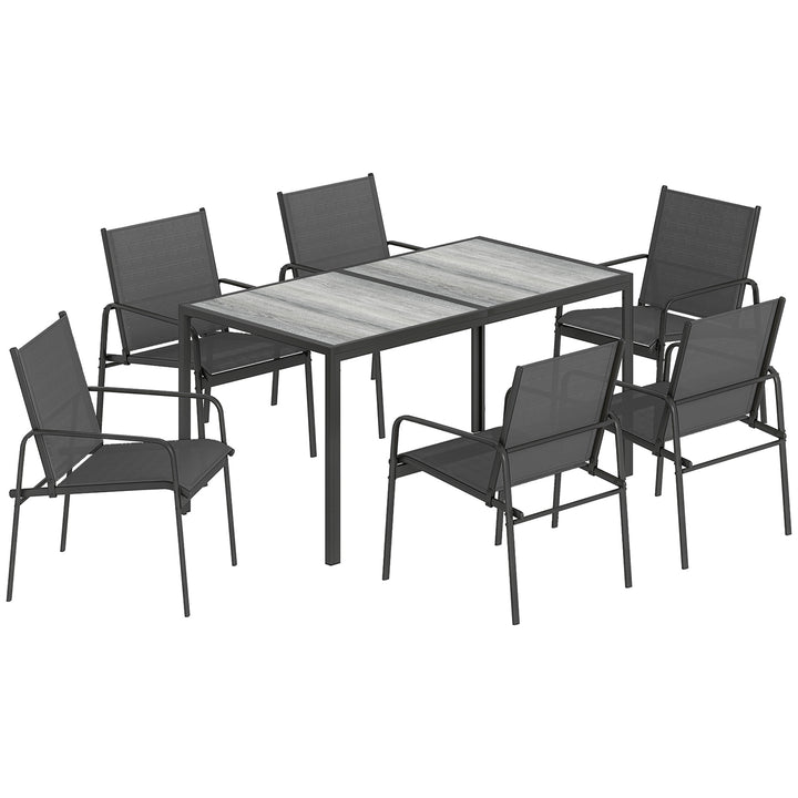 Havemøbelsæt, siddegruppe 150 x 80 cm, bord med 6 åndbare stole, trælook, stålstel, sort