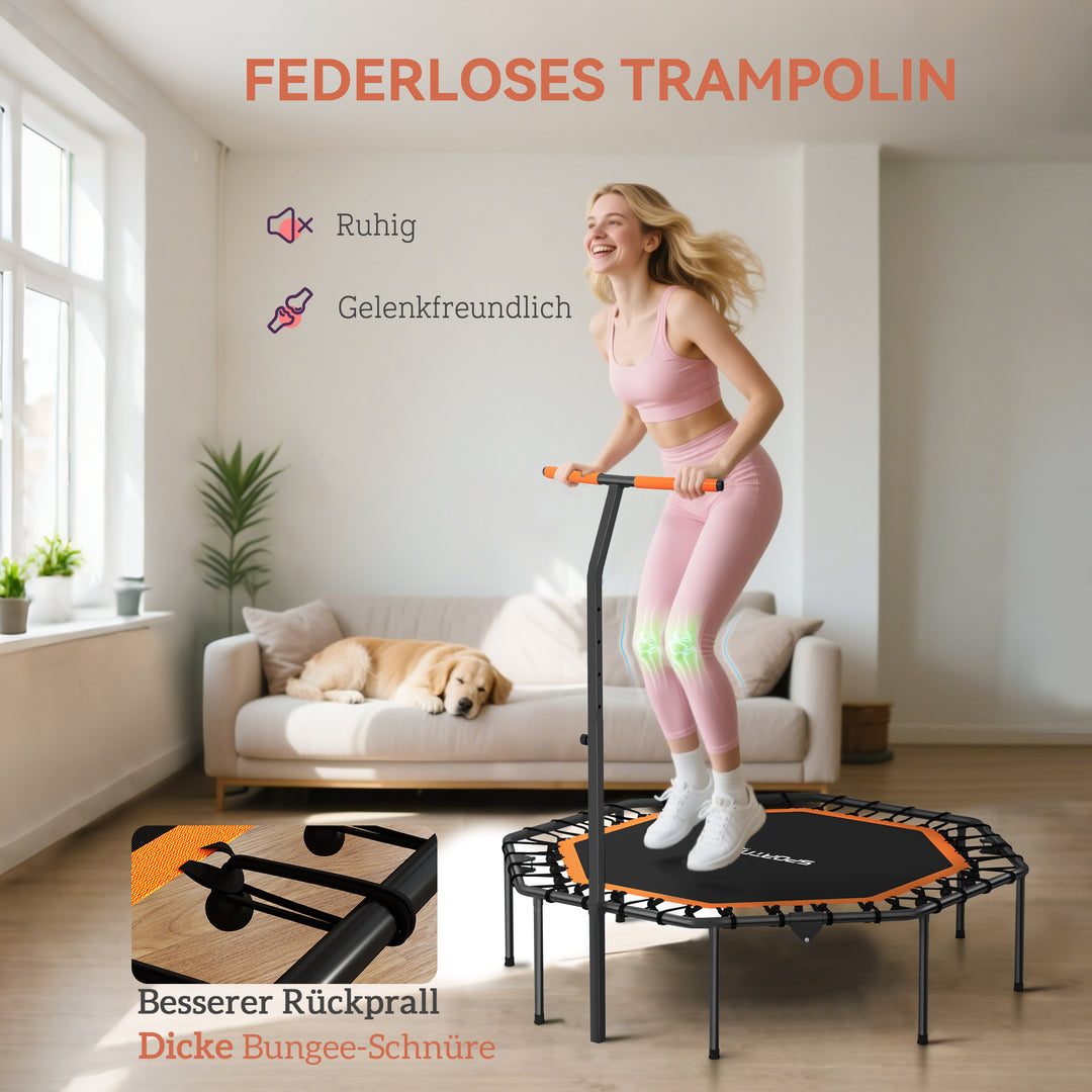 Fitnesstrampolin, træningstrampolin med justerbart håndtag, stabil og støjsvag, til indendørs brug, stål, orange