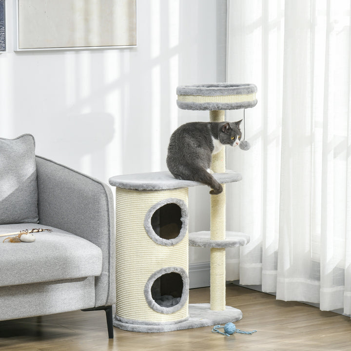 Kradsetræ til katte, sisalrebstolper, blødt plys, multi-level, boldlegetøj, grå, 59x35x100 cm