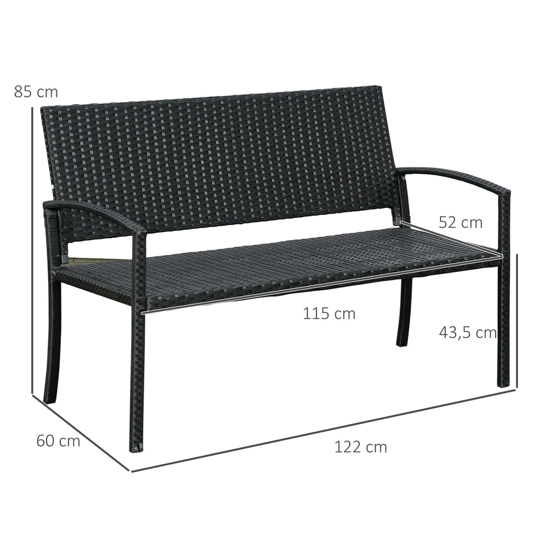 Havebænk, rattan-look, med stålstel, til 2 personer, sort, 122 x 60 x 85 cm