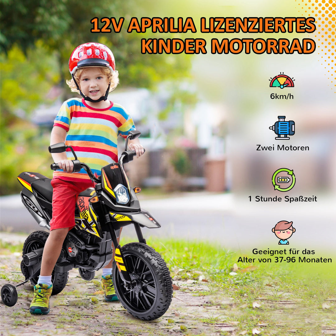 12V Børnemotorcykel med Støttehjul, LED-lys, Musik, USB, Elmotorcykel til Drenge og Piger, Gul