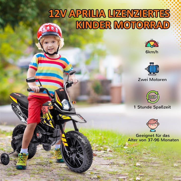 12V Børnemotorcykel med Støttehjul, LED-lys, Musik, USB, Elmotorcykel til Drenge og Piger, Gul