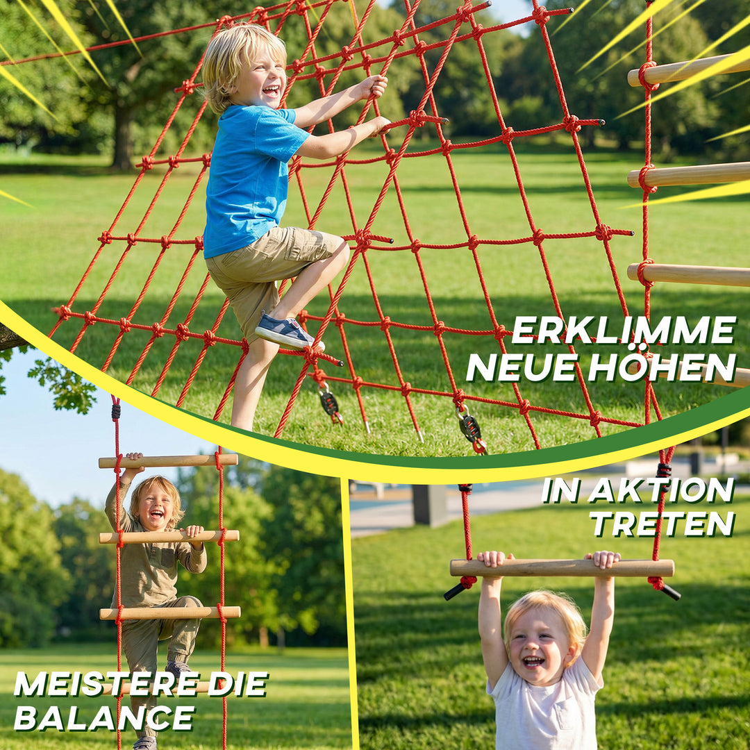 Ninja Line Kids 10m Slackline Sæt med Gymnastikringe, Gynge, Klatrestige, Klatrenet til 3-6 år, 1000x300x180 cm, Rød
