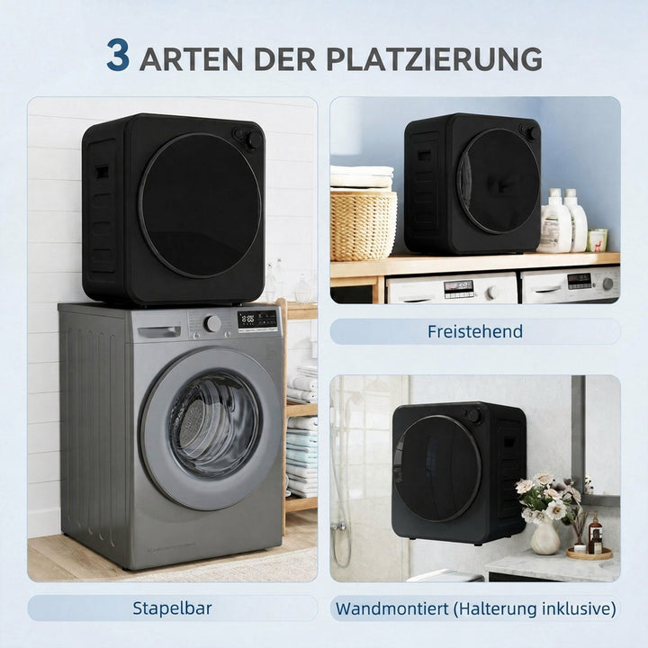 Mini tørretumbler, 4 kg kapacitet, 5 programmer, 800W/400W, fritstående, sort