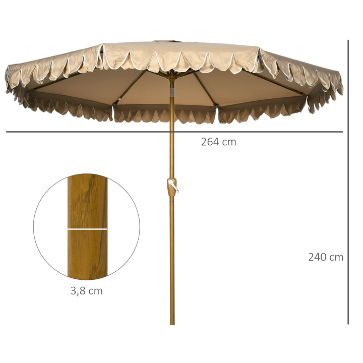 Parasol, med frynser, vipbar, med håndsving, stål+polyester, khaki, Ø264 x 240 cm