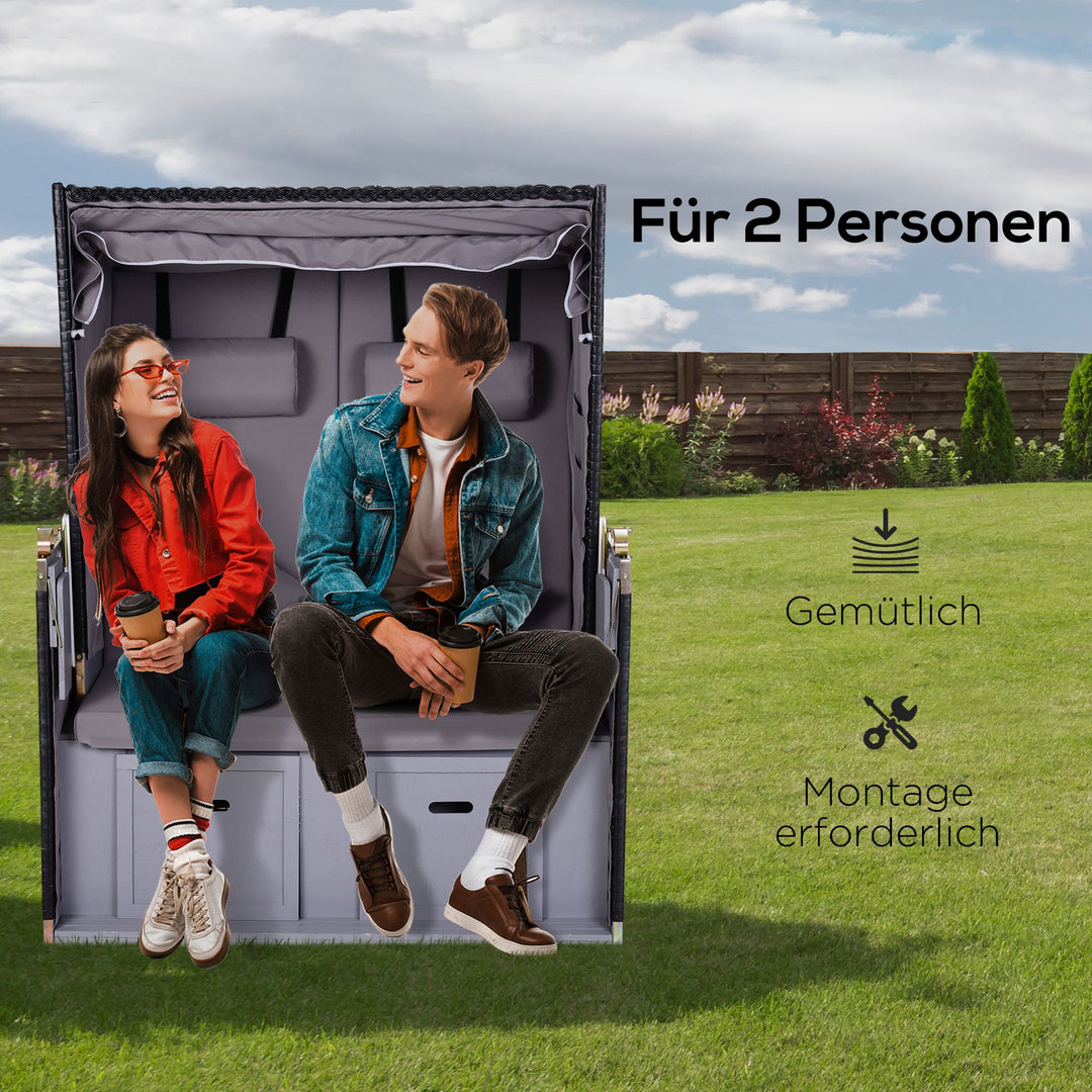 Strandstol til 2 personer med lænestol, grå, 118 x 79 x 150 cm