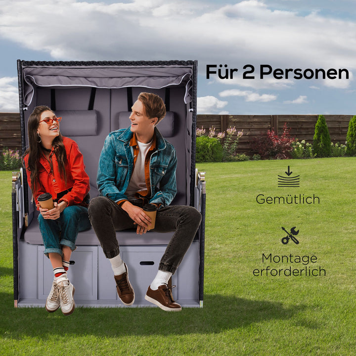Strandstol til 2 personer med lænestol, grå, 118 x 79 x 150 cm