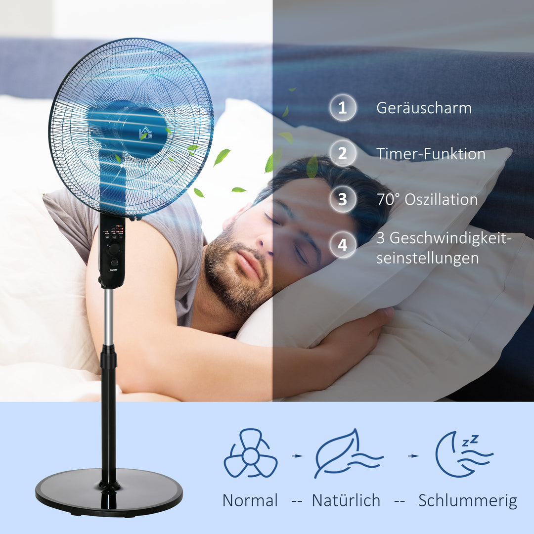 Sokkelventilator med fjernbetjening, højdejusterbar ventilator, 70° oscillerende ventilator, 3 hastighedsindstillinger, justerbar hældningsvinkel, 7,5 timer, Ø44,5 x 110-124 cm, sort