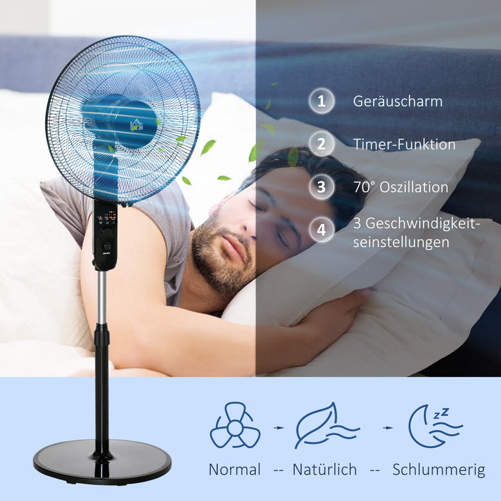 Sokkelventilator med fjernbetjening, højdejusterbar ventilator, 70° oscillerende ventilator, 3 hastighedsindstillinger, justerbar hældningsvinkel, 7,5 timer, Ø44,5 x 110-124 cm, sort