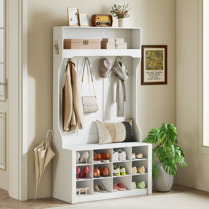 Garderobe med hylde, bænk, kroge, skorum, spånplade, MDF, hvid