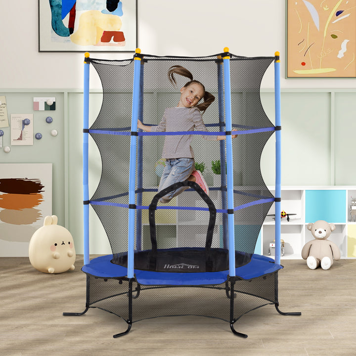 Trampolin til børn, 163 cm diameter, med sikkerhedsnet, indendørs og udendørs, lasteevne op til 50 kg, stål, plastik, blå