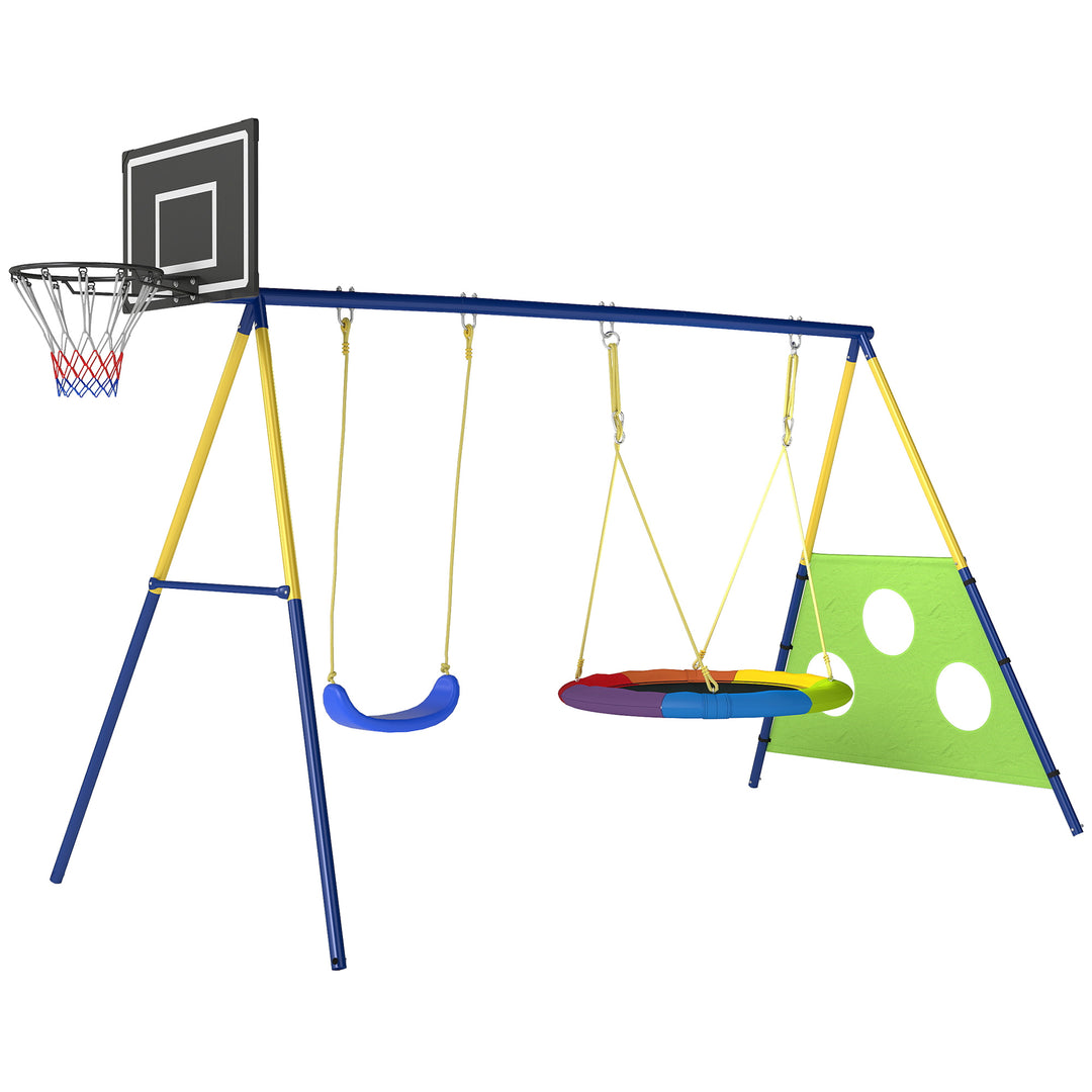 4-i-1 gyngesæt op til 150 kg med redegynge, basketballkurv, fodboldmål, U-gynge, 288 x 160 x 220 cm