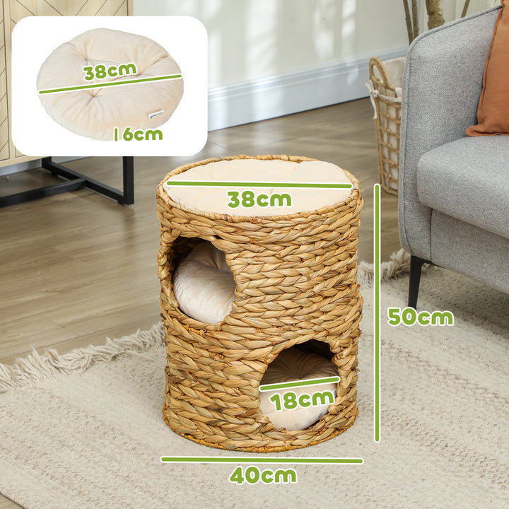 Kradsetønde, 50 cm, 2 huler, pude, kradsetræ med katteseng, vandhyacint kattetårn, lysebrun