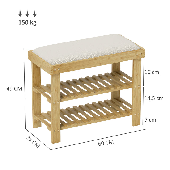 Skobænk med sæde, bambusbænk med opbevaring, 2 åbne rum, bænk 60 x 29 x 49 cm cremehvid