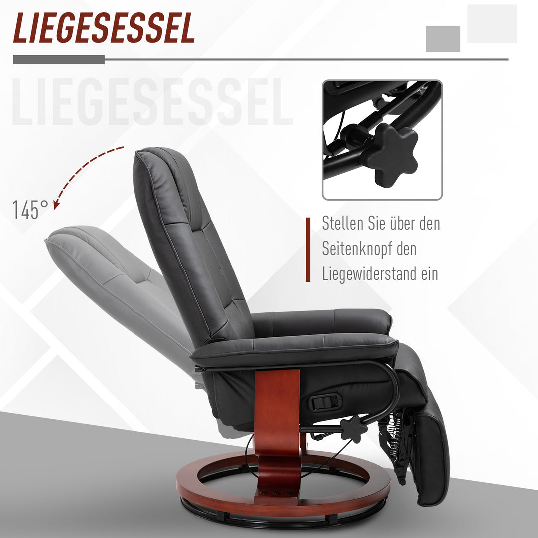 Lænestol med justerbar lænestol, TV-stol, loungestol, kunstlæder, 360° drejestol, 145° vipbar, sort, 78 x 87 x 100 cm